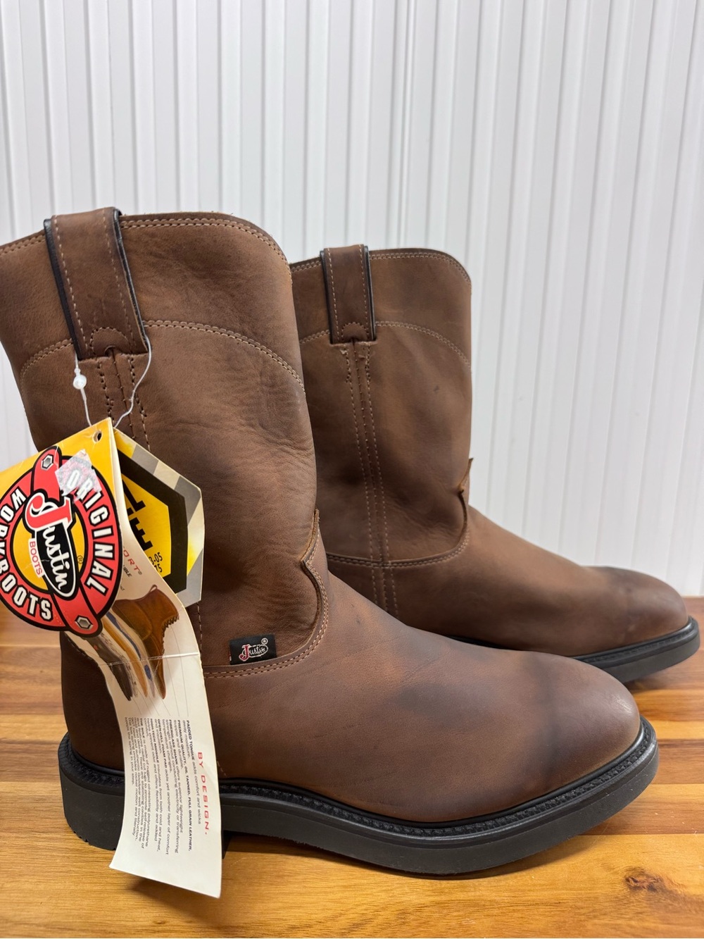 Justin Boots Original Workboots Men's Brown Leather Pull-On Boots Steel Toe 8EE
